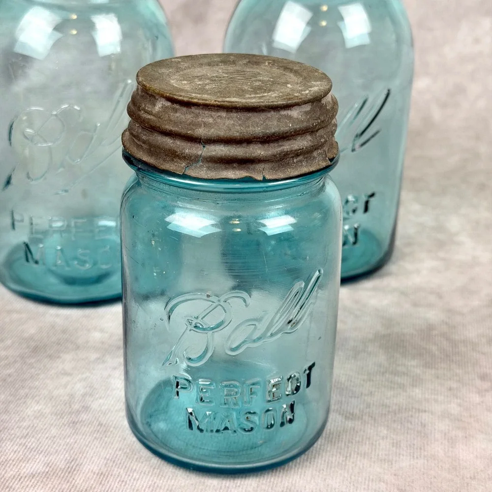Vintage Ball Perfect Mason Jars Aqua Blue Glass Set of 3 Zinc Lids Antique Decor